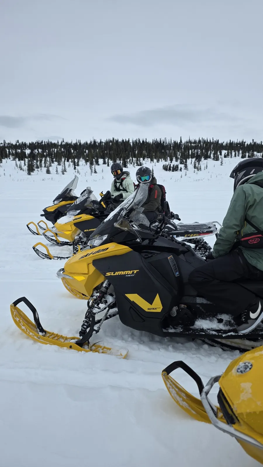 A yellow Ski-Doo Summit parked in fresh snow, riders gathered behind it